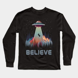 Believe Cat UFO Alien Gift Long Sleeve T-Shirt